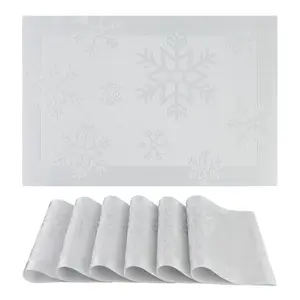 REGALWOVEN Fall Placemats 6pcs Plastic Placemats for Dining Table Decor, Washable Kitchen Table Mat with Snowflake Pattern 17.7*11.8inch Silver