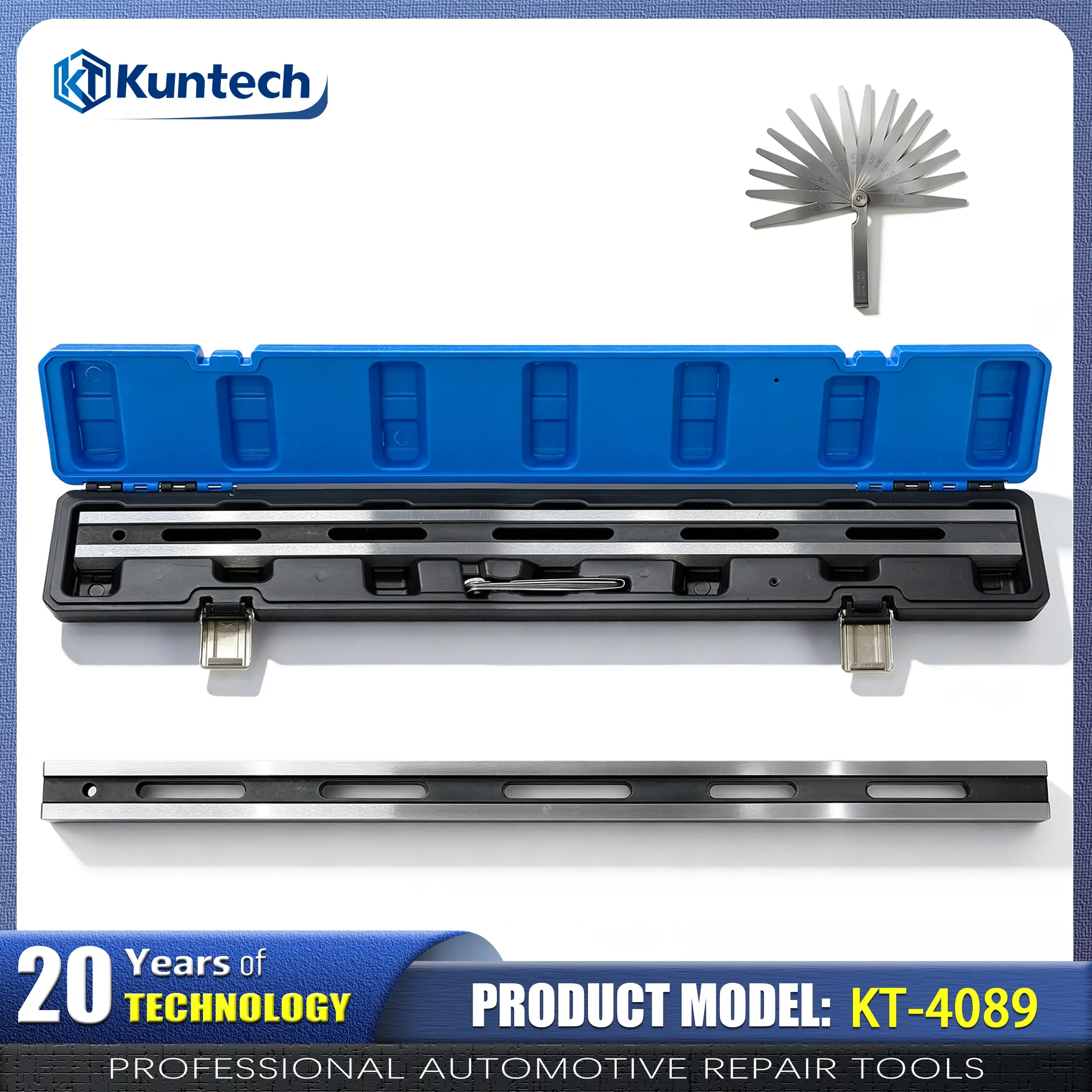 Kuntech KT-4089 Precision Straight Edge Tool, Cylinder Head Flatness Gauge with Feeler Gauge Set - Built to Last for Engine Block Deck Surfaces, Accurate Warpage Detection, Prevents Engine Damage, Cylinder Heads