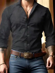 Men's Geometric Print Button Closure Shirt, Regular Fit Long Sleeve Casual Buttons Collared Top for Daily Wear, Fashion Men's Clothes for All Seasons