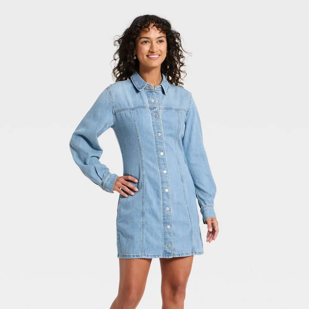 Women's Long Sleeve Basic Cotton Woven Denim Shirtdress, Button-Front Garment, Universal Casual Dress