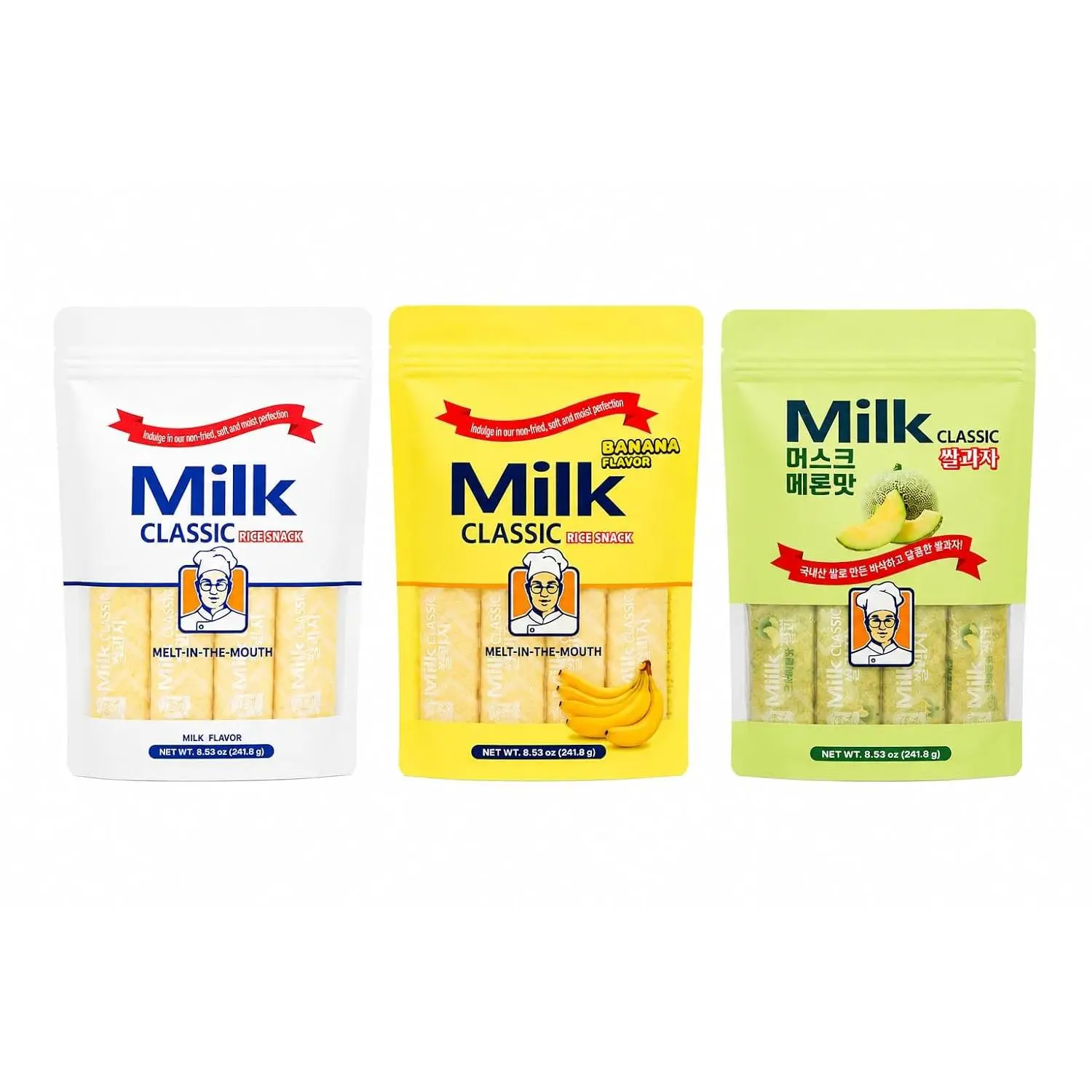 MILK CLASSIC Korean Rice Snack Variety Pack, Milk, Banana & Melon Flavors, Individually Wrapped Crispy Rice Snacks, Baked Not Fried, Family Sharing Snack, 25.59 oz