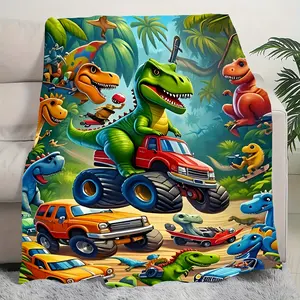 Vibrant Cartoon Dinosaur Design, Comfortable Dinosaur Truck Flange Velvet Blanket, Perfect for Napping, Car Seats, And All Season Comfort 280Gsm