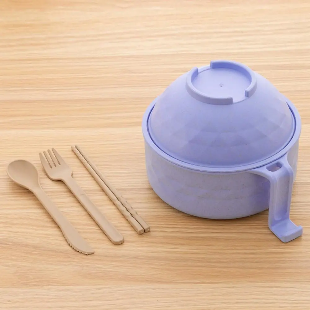 Indoor Outdoor Dual Use Wheat Straw Tableware, Heat Insulated Microwavable Noodle Bowl with Strainer Lid(Top bowl-Purple）