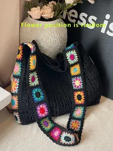Women's Fashionable Floral Pattern Crochet Shoulder Bag, Boho Style Crossbody Tote Bag for Daily Used, Casual Trendy Versatile High-quality Daily Commuting Bag