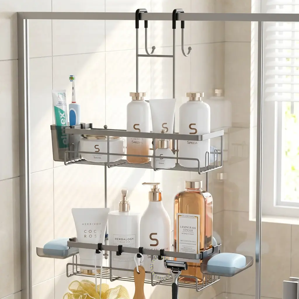 304 Stainless Steel Hanging Shower Caddy Organizer - No Drilling, Rustproof, Waterproof Bathroom Shelves with Removable Hollow Hooks for Soap, Toothbrush, Door Mounting