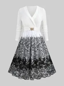 Rgothic Plus Size  women's clothing  Rose Flower Mesh Lace Sheer Surplice Buckle Belted A Line Dress for Casual & Special Events flowy  chiffon  dress plus size valentines day outfits