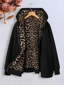 Women's Casual Long Sleeve Zipper Jacket Leopard Print, Fall Winter Plain Color Outerwear, Medium Stretch, Fashionable Ladies' Clothing