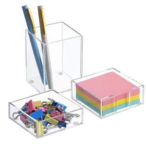 Office Desk Organizer Set of 3 with Pen Pencil Holder, Paperclip Storage and Sticky Note Holder, Clear Acrylic Desktop Accessories and Workspace Organizers for Women or Men