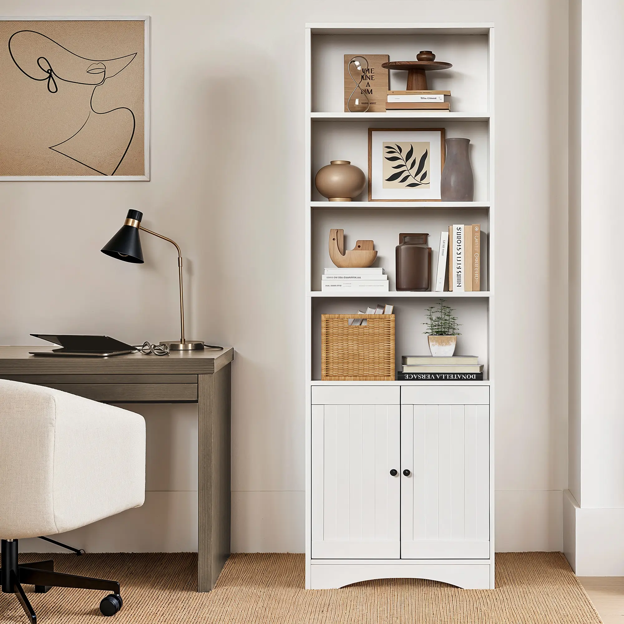 Gizoon 71"H Industrial Bookshelf Book Rack - Engineered Wood 6-Shelf Floor-Standing Cabinet with Doors, Adjustable Shelves, Anti-Tip Safe Design, Storage for Living Room Office; Requires Assembly