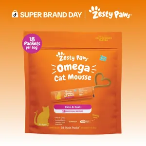 Zesty Paws Omega Cat Mousse - Tasty Topper or Treat for Healthy Skin & Coat, 18 Stick Packs, Omega-3 & 6, Vitamins, Minerals, Antioxidants Supplements