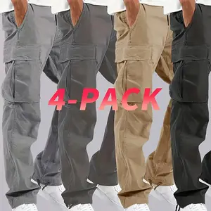 4-piece set of men's durable work pants with multiple pockets for outdoor sports, featuring drawstring design, suitable for spring and autumn, machine washable, holiday gift.