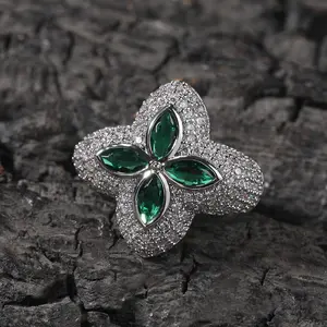 [ICE HUE] Unisex 18K Gold Vacuum Plated Copper 4-Leaf Clover Ring with 5A+ Sri Lanka Zircon - Miami, Italy, Mexico & Micro Inspired Luxury Costume Jewelry for Daily Wear, Gift Idea - Classic, Hip Hop, Simple, Sporty Styles