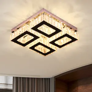 Sophisticated Deluxe 4-Small-Rectangular K9 Crystal LED Ceiling Chandelier Adjustable Cool/Warm Light Silver Accents Indoor Bedroom Living Space Illumination QH-MC139