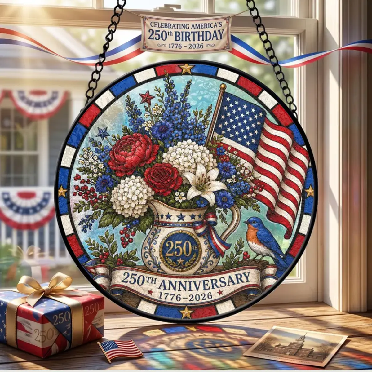 USA 250th Anniversary Suncatcher, Independence Day Stained Acrylic, American Flag Floral Window Hanging, 4th of July Decor, Patriotic Gift