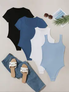 Women's Plain Scoop Neck Tank Bodysuit & Tee Bodysuit with Open Crotch Design, Stretchy Bodysuit, Casual Ribbed Bodysuit for Summer, Ladies Clothes for Daily Wear