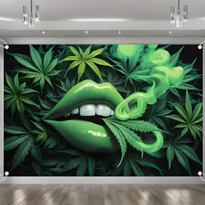 Green Lips Marijuana Leaf Backdrop Banner Tapestry, Wall Hanging Tapestry, Psychedelic Party Decorations, Durable Polyester Fabric Photo Booth Prop, Reusable Easy Clean, Adult Party, Man Cave, Home Decor, Gift for Psychedelic Party Enthusiasts