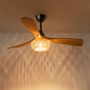 EDISHINE 52“ Boho Ceiling Fans with Lights, Wickerwork Cage, Timer & Remote Control, 6 Speeds, Indoor Noiseless Rattan Lighting & Ceiling Fans for Living Room, Bedroom, Dining Room-HCFF01A