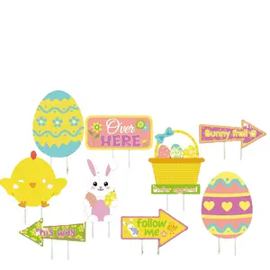 9 Pcs Easter Yard Signs Decorations Easter Egg Hunt Decorations Set Outdoor Easter Lawn Yard Stake Sign Chick Egg Bunny Basket Hunt Arrow Easter Lawn Decor for Easter Egg Hunt Game Party Prop