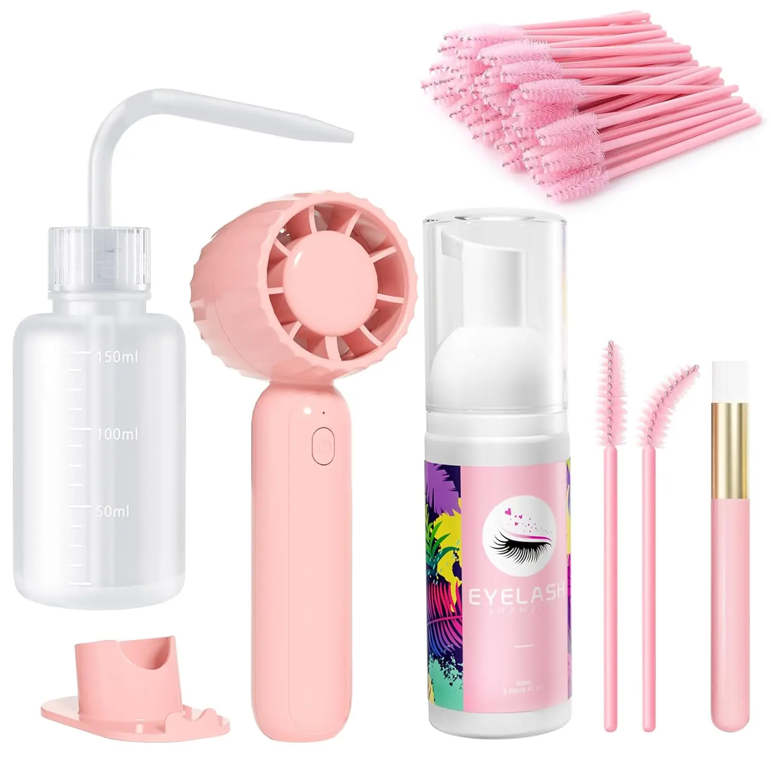 Lash Cleaning Kit Lash Shampoo Kit, 2.02Fl Oz/60mL, Pink | Lash Shampoo, Rechargeable Handheld Fan Dryer, Mascara Brush, Rinse Bottle