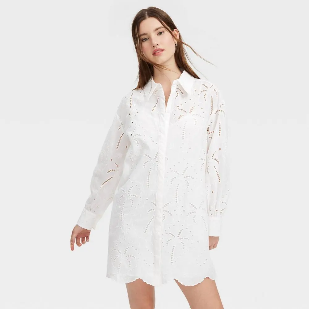 Women's Long Sleeve Eyelet Embroidered Collared Mini Shirtdress - Roller Rabbit