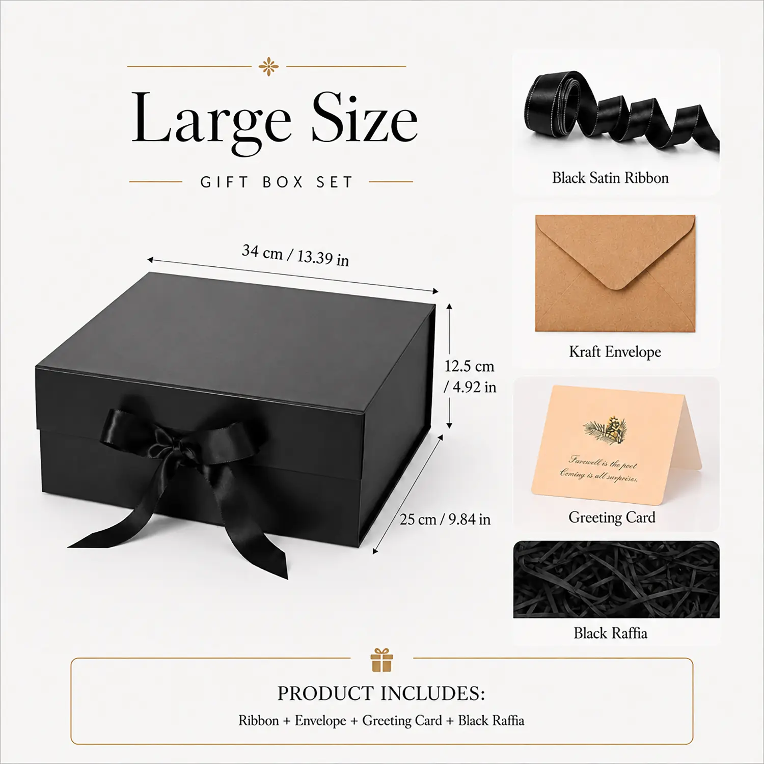 1pcs Small medium Large Magnetic Gift Box Set, Matte Black Luxury Foldable Gift Box with Satin Ribbon, Raffia Paper Shreds, Greeting Card & Envelope, For Birthday Wedding Holiday Bridesmaid Proposal Gift Packaging