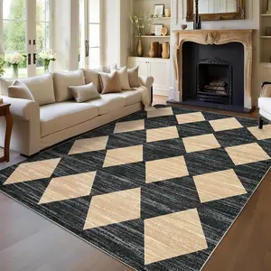 【GARVEE】Checkered Area Rug 5x7 Washable Rugs, Modern Neutral Rug With Non-Slip Rubber Backing, Soft Faux Wool Throw Carpet for Entryway Bedroom Living Room Kitchen Dining Room Nursery,Taupe