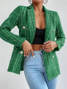 Frenchy Lapel Collar Long Sleeve Plaid Thick Woolen Blazer Jacket