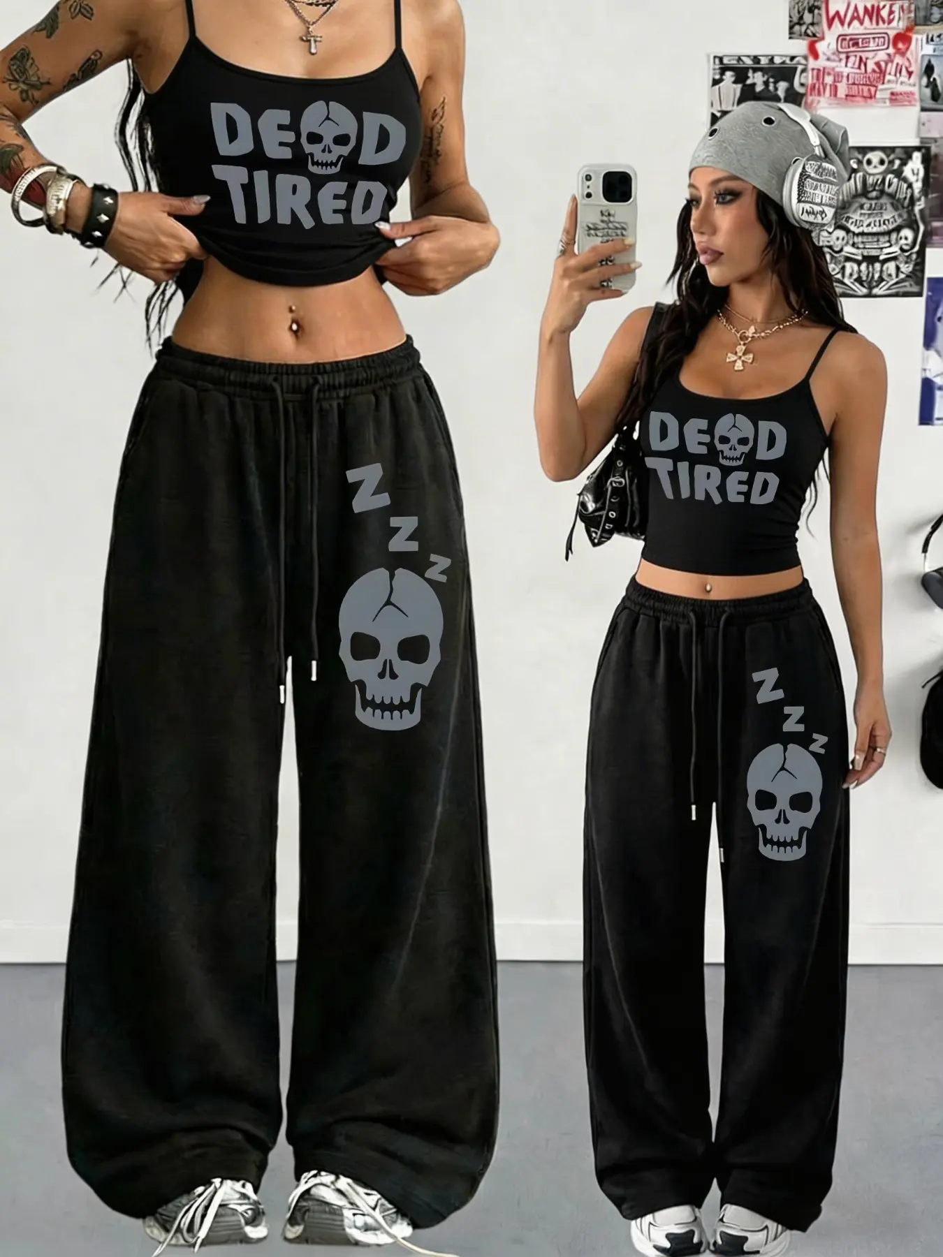 Black "DEAD TIRED" Skull Print 2-Piece Set - 2026 Trending Y2K Goth Lazy Sleeveless Outfit, Crop Top, Soft Cotton Perfect for Daily & Festivals