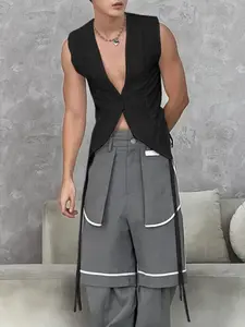 INCERUN Men's Fashion Casual Solid Color Plain Ribbon Design Sleeveless Vest, Comfortable and Stylish, Ideal for Everyday Wear, Vest Tops