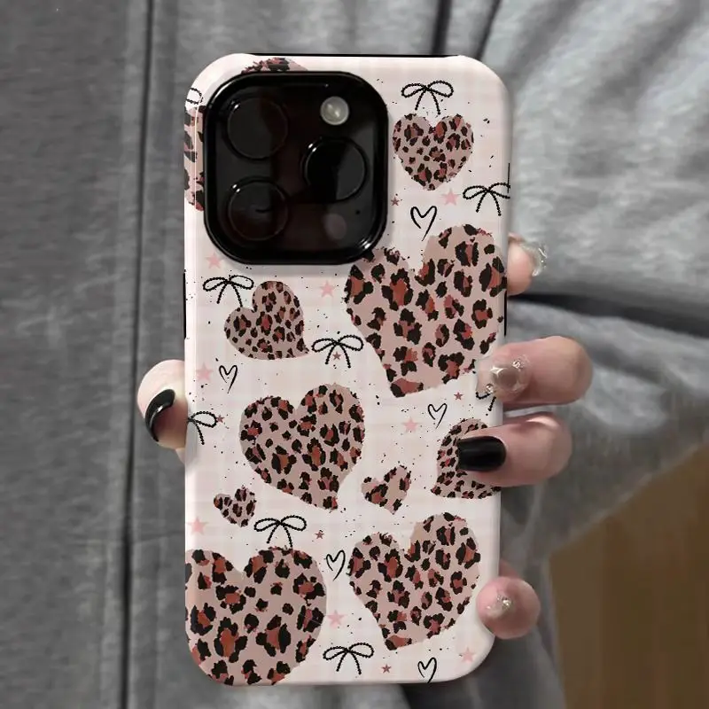 Durable Shock-Absorbing Glossy 2-in-1 Smartphone Case - All-Over Leopard Print, Heart & Bow Design - Cellphone Protection for iPhone 11,12,13,14,15,16,17,X & Samsung Handheld Devices - Holiday Gift for Friends