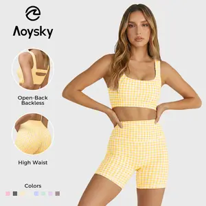Aoysky Womens Workout Gingham 2 Piece Outfits Padded Open Back Crop Tank High Waist Seamless Sports Shorts Sets Casual Yoga Matching Sets S-XXL