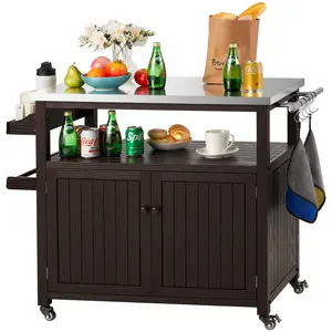 Homgava Solid Wood Outdoor Grill Table with Stainless Steel Top, Rolling Kitchen Island and Movable Bar Cart, Two Doors Storage Cabinet for Patio, Backyard, Garden