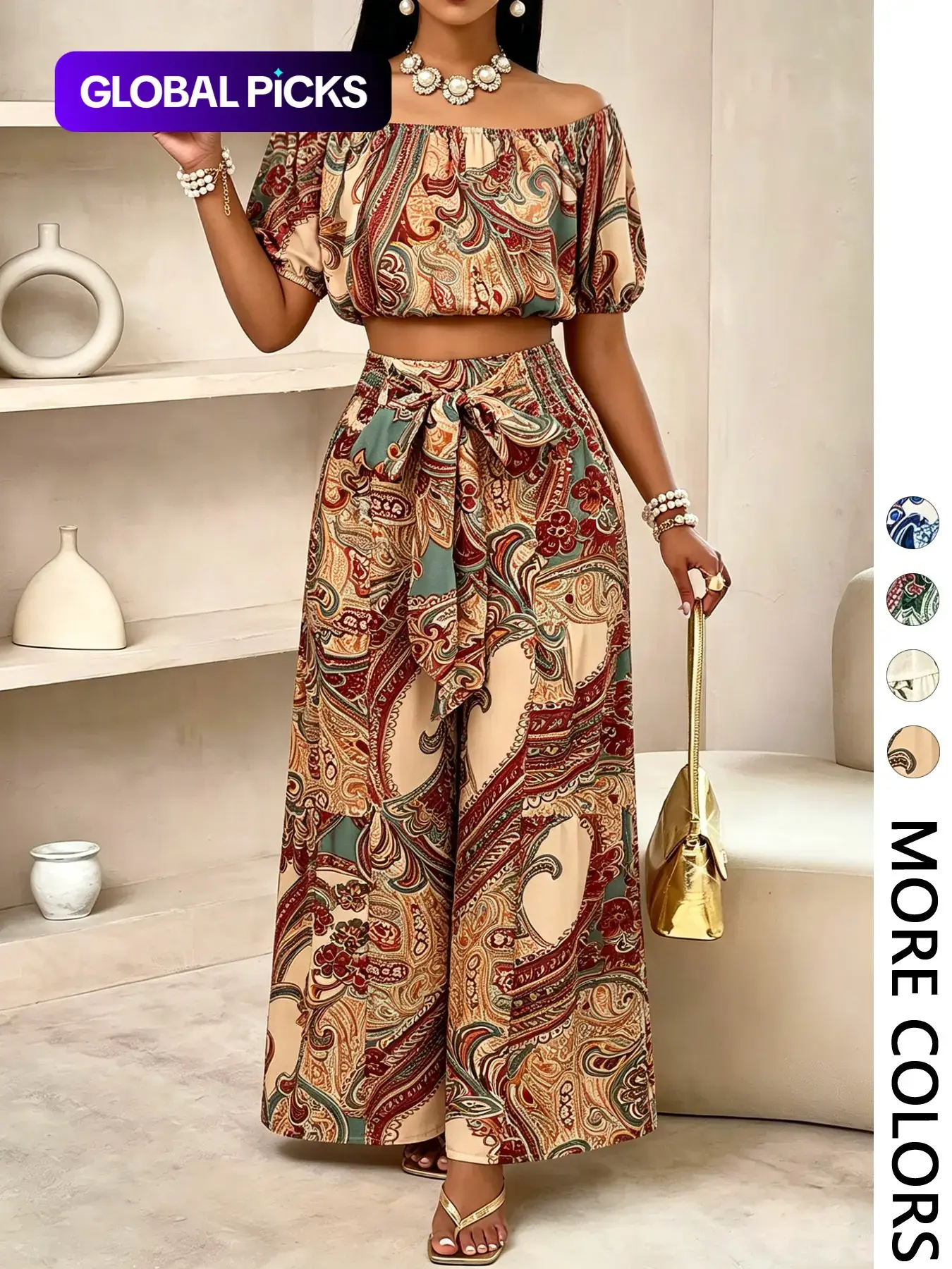 Women's Summer Paisley Print Bohemian Vintage Chic Vacation Two-Piece Set Outfit, Off-Shoulder Bubble Sleeve Crop Top + High Waist Drawstring Wide Leg Pants