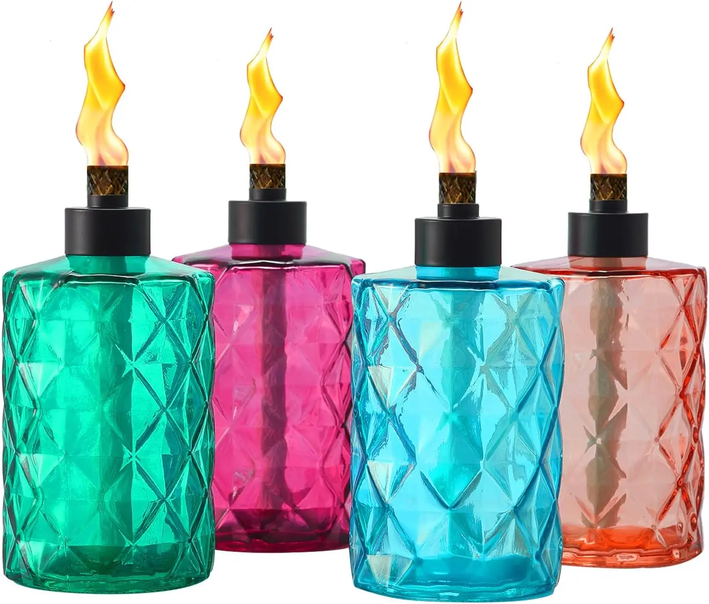 4 Pack Glass Table Top Torches , Citronella Torches for Outside, with Wick and Cap, Refillable Flame Light Torch, Decorative Tabletop Lantern for Yard, Patio,Deck,Garden,Outdoor Party,Landscape