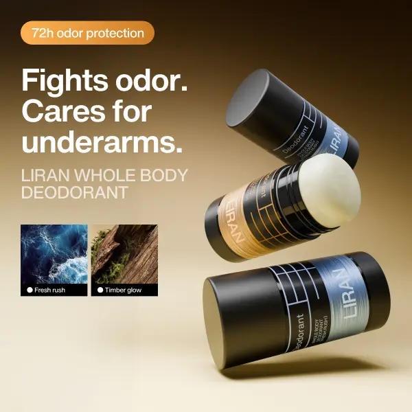 LIRAN Men's Deodorant Stick, Aluminum Free, Timber Glow, 2.65oz | Neutralizes Odor at the Source, Long-Lasting Control, Skin-Friendly Formula, Prebiotic Technology, Oil Absorbing, 1Pcs