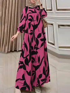 Women's All-Over Print Button Front Boho Casual Kaftan Dress, Casual Bishop Sleeve Round Neck Maxi Dress for Fall & Winter, Women's Islamic Clothing for Daily Wear, Modest Muslim Clothing