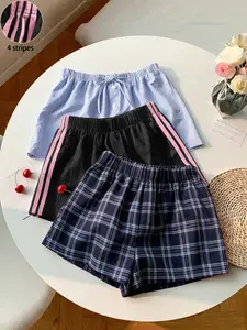 3-Pack Summer Shorts, Loose Fit Breathable Fabric Plaid & Striped Casual Pants, Elastic Waist, Ideal for Daily Wear, Travel, Campus Fashion, Casual Streetwear Shorts