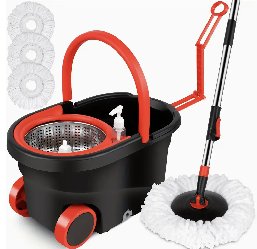 Set of Mop And Bucket, Including a Spin Mop And Wringer, Designed for Bathroom Use. This 360° Spin Mop Bucket System Comes with Three Microfiber Mop Heads And a 61-Inch Adjustable Stainless Steel Handle