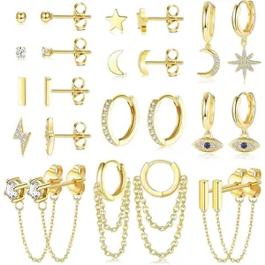 YADOCA 12Pairs Dangle Hoop Earrings for Women Stainless Steel Mini Star Moon Hanging Hoop Earrings Hypoallergenic Gold Chain Hoop Earring Set Zircon Bar Studs Earrings Gold/Silver