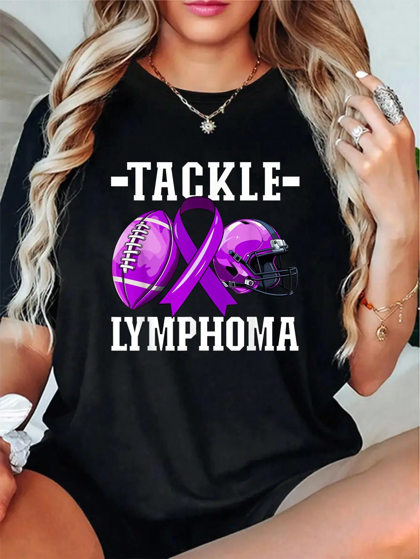 Women's Hodgkins Lymphoma Awareness Print Tee - Casual Short Sleeve Fit Top, Soft Breathable 100% Cotton Tshirt, Round Neck, Everyday, Cute, T-Shirt, Comfy, High-Def Print, Soft Cotton, Fabric, Style, Vibe, All Seasons, Graphic, Streetwear, Check, Digital