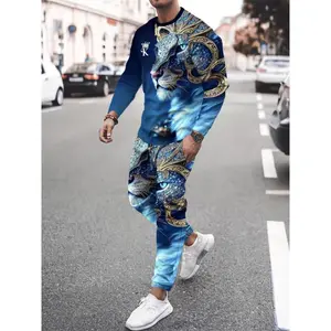 Men’s 2-piece set: long-sleeve T-shirt + joggers, breathable, casual, featuring a mythical lion and crown design with gradient colors, suitable for autumn and winter