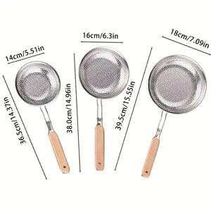 3pcs Stainless Steel Strainer with Wooden Handle - Ideal for Frying, Draining, and Serving Pasta and Noodles; Perfect for Food Preparation and Straining; A Must-have for The Kitchen | Modern Kitchenware | Durable Kitchen Tools