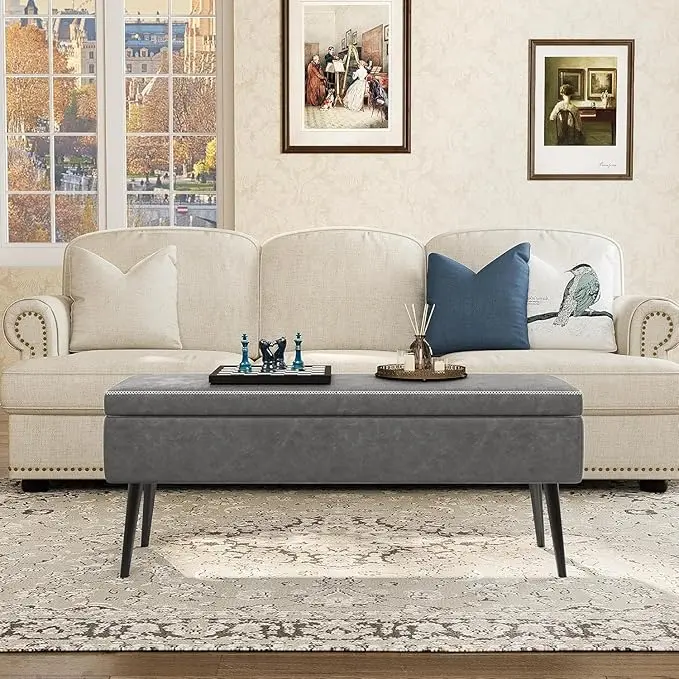 47.8 in Upholstered Storage Ottoman Bench - Faux Leather Footstool with Hidden Compartment, Steel Frame, Safety Hinges for Living Room, Bedroom Furniture, Footstool With Storage, Furniture Ottoman