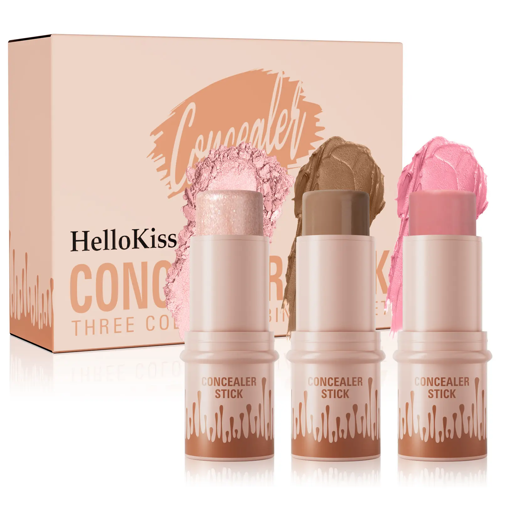 HelloKiss 3-Piece Cream Makeup Stick Trio, Waterproof & Long-Lasting Contour, Blush & Highlighter, Compact Lightweight Face Makeup for All Skin Types, Youth, Natural, Buildable Pigment, Brightening, 36 Months, Single Item, Blend Easily, Contour & Highligh