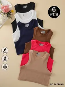 6pcs Women Seamless Non-Padded Sports Crop Top, Round Neck Moisture Wicking Camisole, Breathable Quick Dry Vest for Gym Yoga Daily Wear