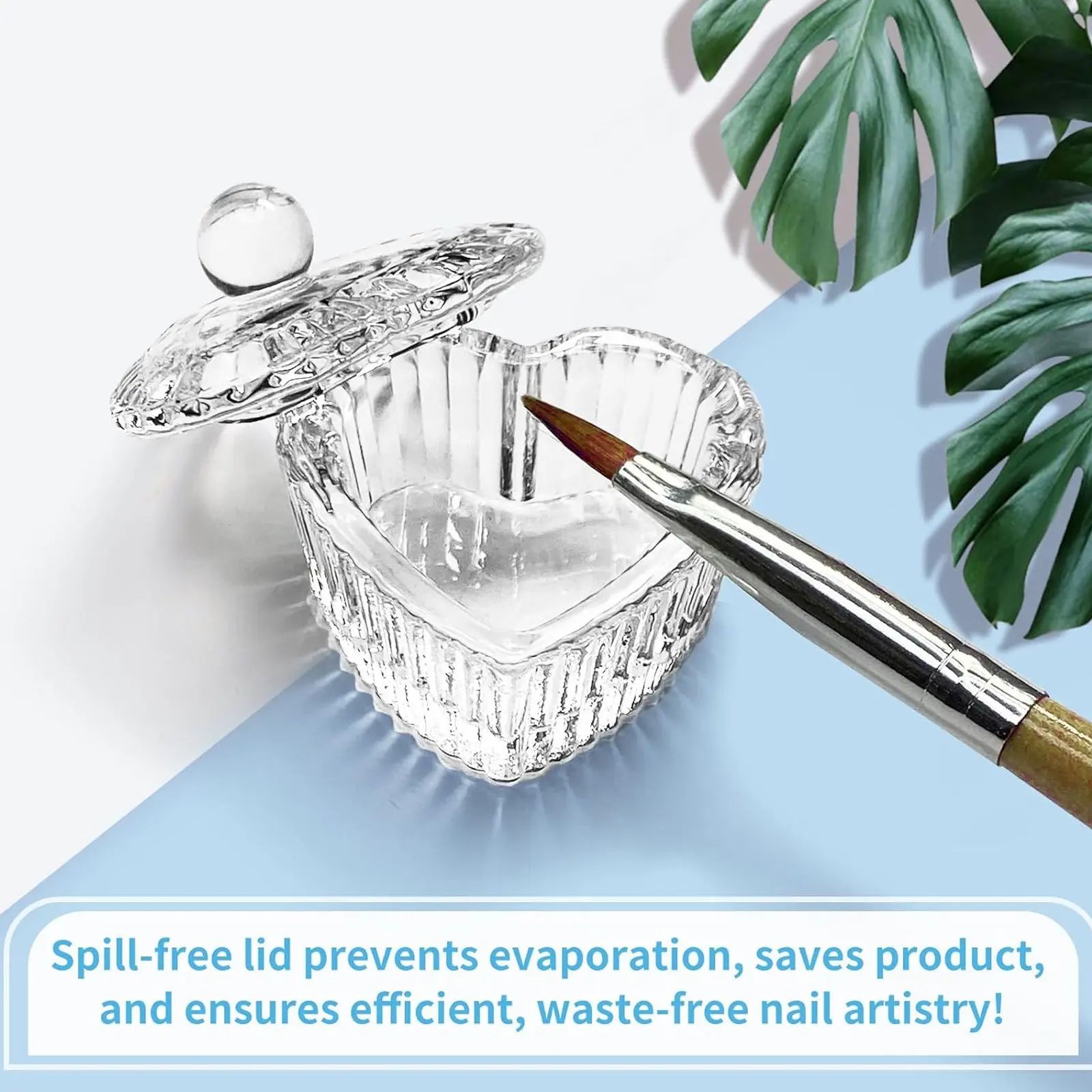 Heart Shaped Glass Dappen Dish with Lid, Crystal Nail Art Liquid Cup for Acrylic Nails, Monomer Holder, Brush Cleaner Bowl, Professional Manicure Tool, Nail Tech Supplies for Salon & Home Use