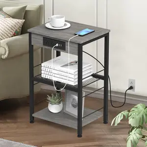 Side Tables,Nightstand with charging station, side table with USB ports and outlets,Bedside Tables, side table with storage shelves, suitable for living room, bedroom, study, bedside table, dark gray and black