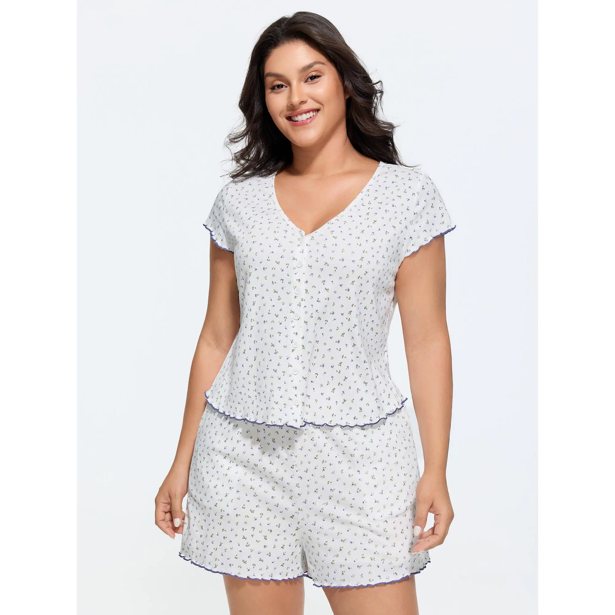 BloomChic Plus Size Ditsy Floral Pajama Set, Supersoft Rayon V-Neck Short Sleeve Button-Front Loungewear with Pocket, Tops, Bottoms, Fabric, Garment, Shortsleeve, Fit, Nightwear, Plus Size 2 Piece Sets, V-Neck Set