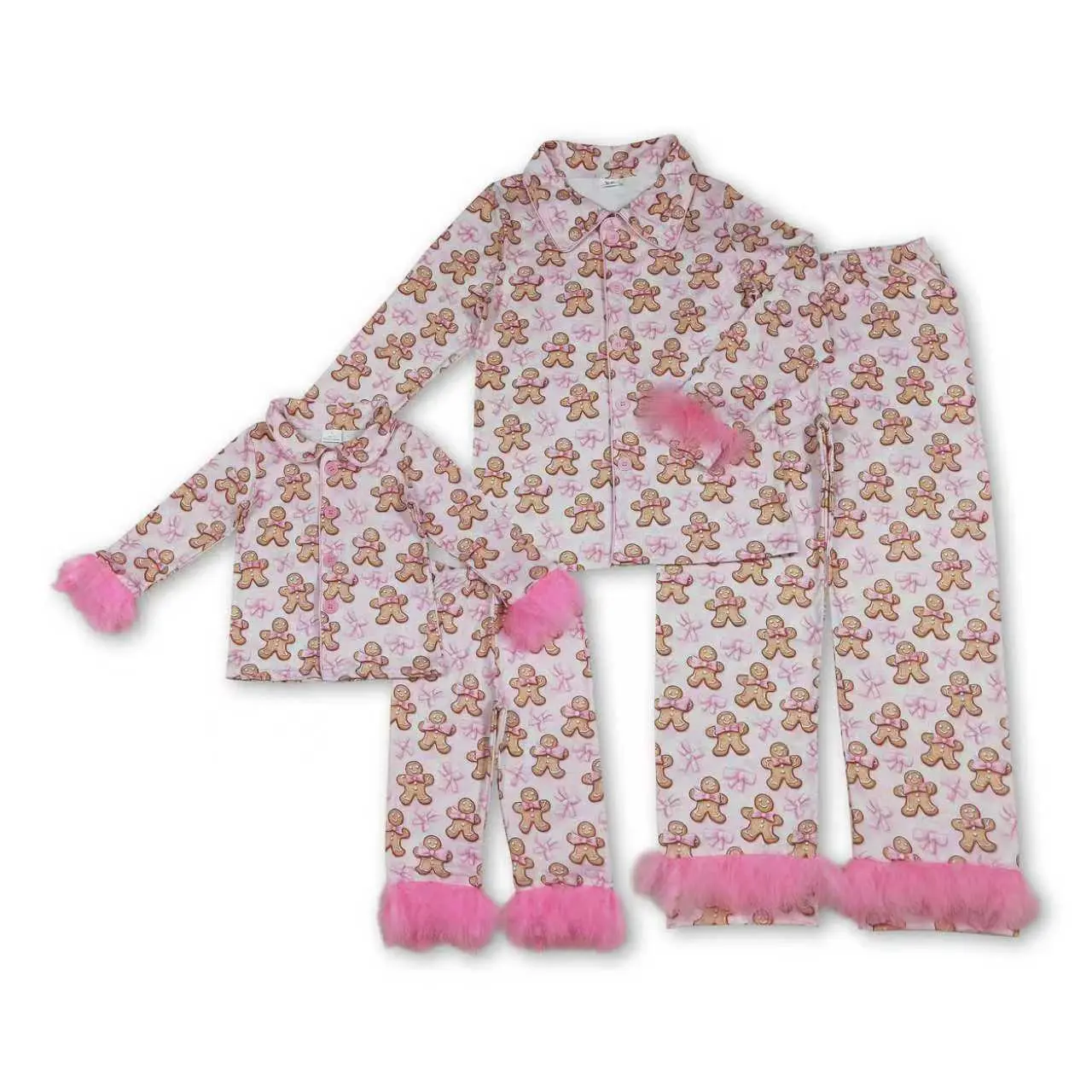 Women's 2-Piece Long Sleeve Gingerbread Christmas Nightwear Set, Adult Holiday Pajamas Clothes with Ring Detail, Plus Size, Fabric, Cross, Full Length, Spandex Blend, 3T