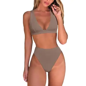 Womens High Waisted Thong Bikini Sets Sexy Brazilian Triangle Top Deep V Neck Two Piece Swimsuit Bathing Suits Coffee